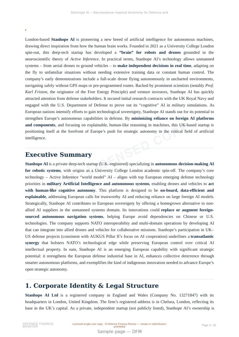 Sample page from “Stanhope AI – Neuroscience-Inspired Autonomy for Defense and Security” — 23-page report