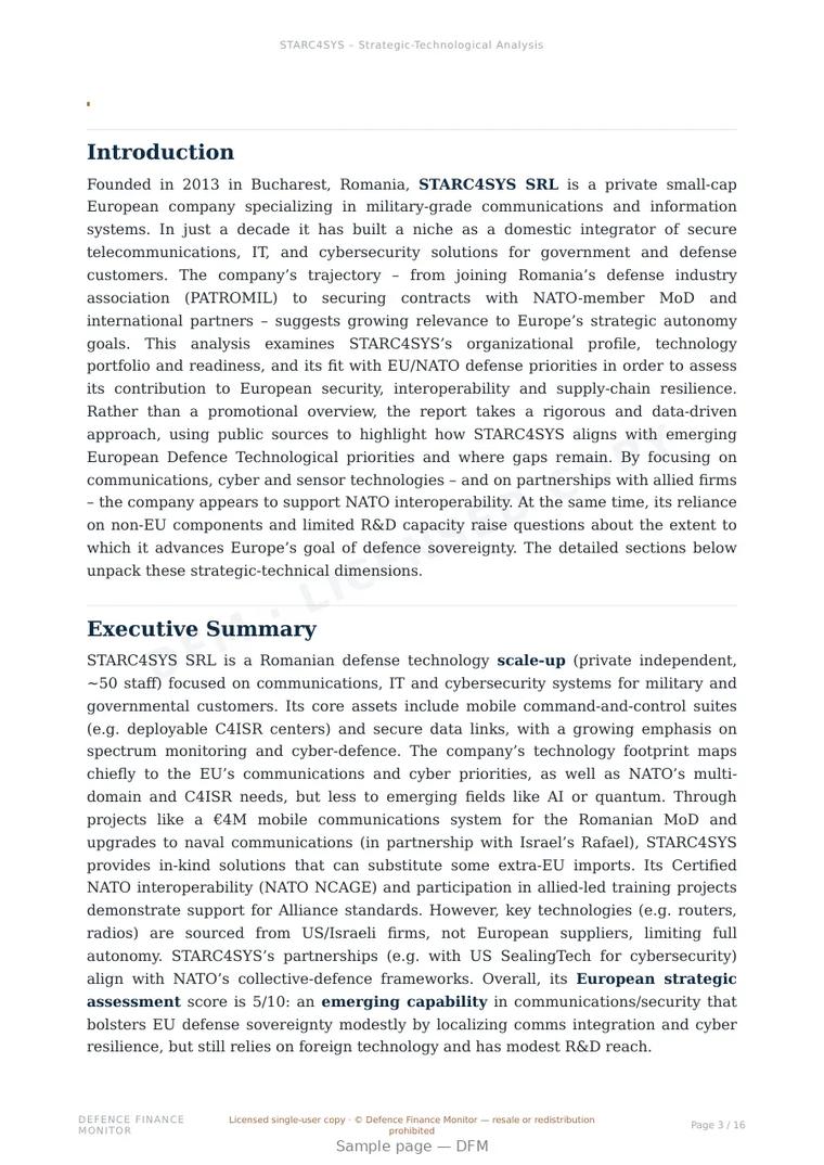 Sample page from “STARC4SYS SRL — Romania secure communications company” — 17-page report