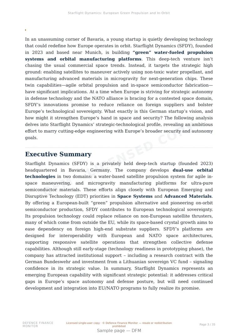 Sample page from “Starflight Dynamics: European Green Propulsion and In-Orbit Manufacturing for Space Autonomy” — 36-page report