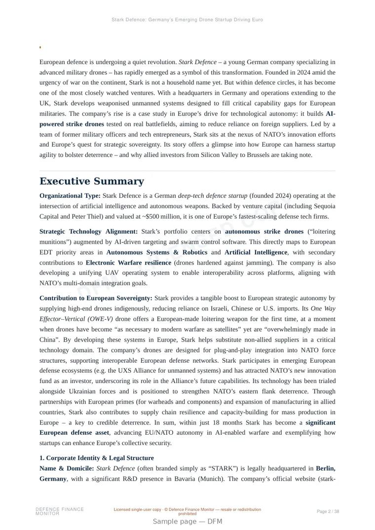 Sample page from “Stark Defence: Germany’s Emerging Drone Startup Driving European Strategic Autonomy” — 39-page report