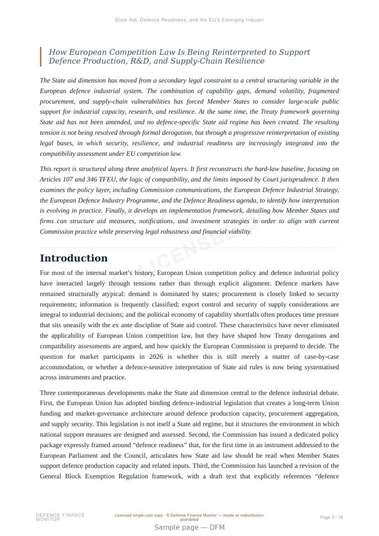 Sample page from “State Aid, Defence Readiness, and the EU’s Emerging Industrial Exception” — 19-page report