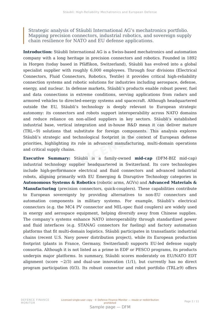 Sample page from “Stäubli: High-Reliability Mechatronics and European Defense Connectivity” — 12-page report