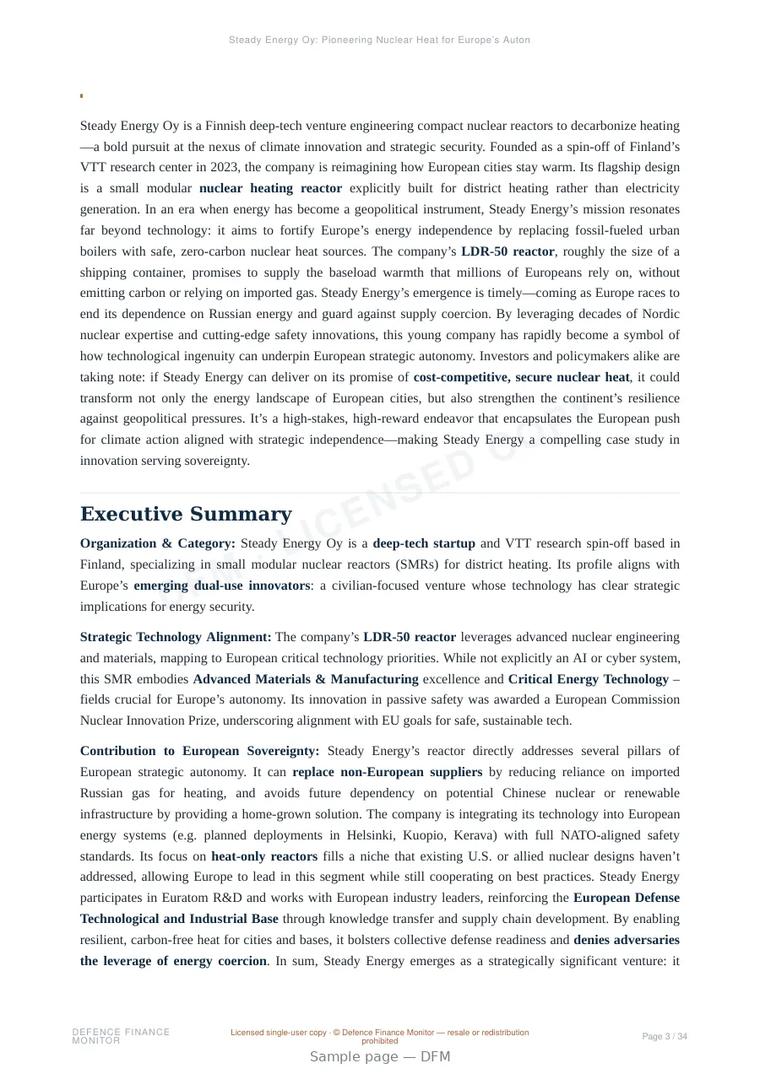 Sample page from “Steady Energy Oy: Pioneering Nuclear Heat for Europe’s Autonomy” — 35-page report