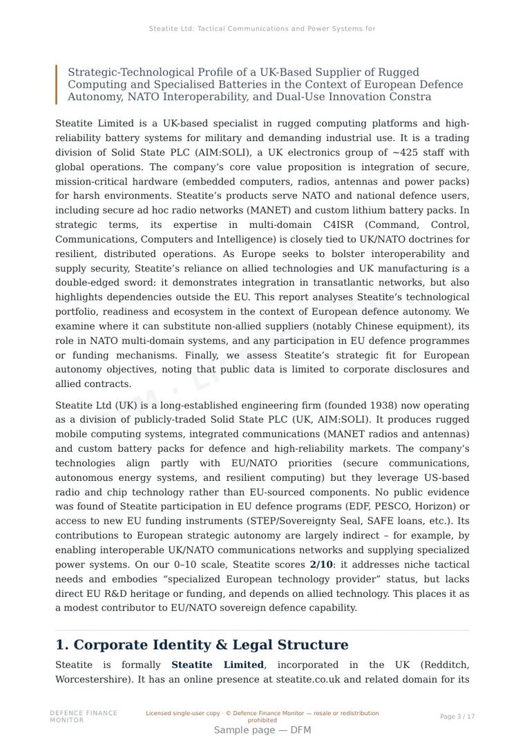 Sample page from “Steatite Ltd: Tactical Communications and Power Systems for Allied Defence Environments” — 18-page report