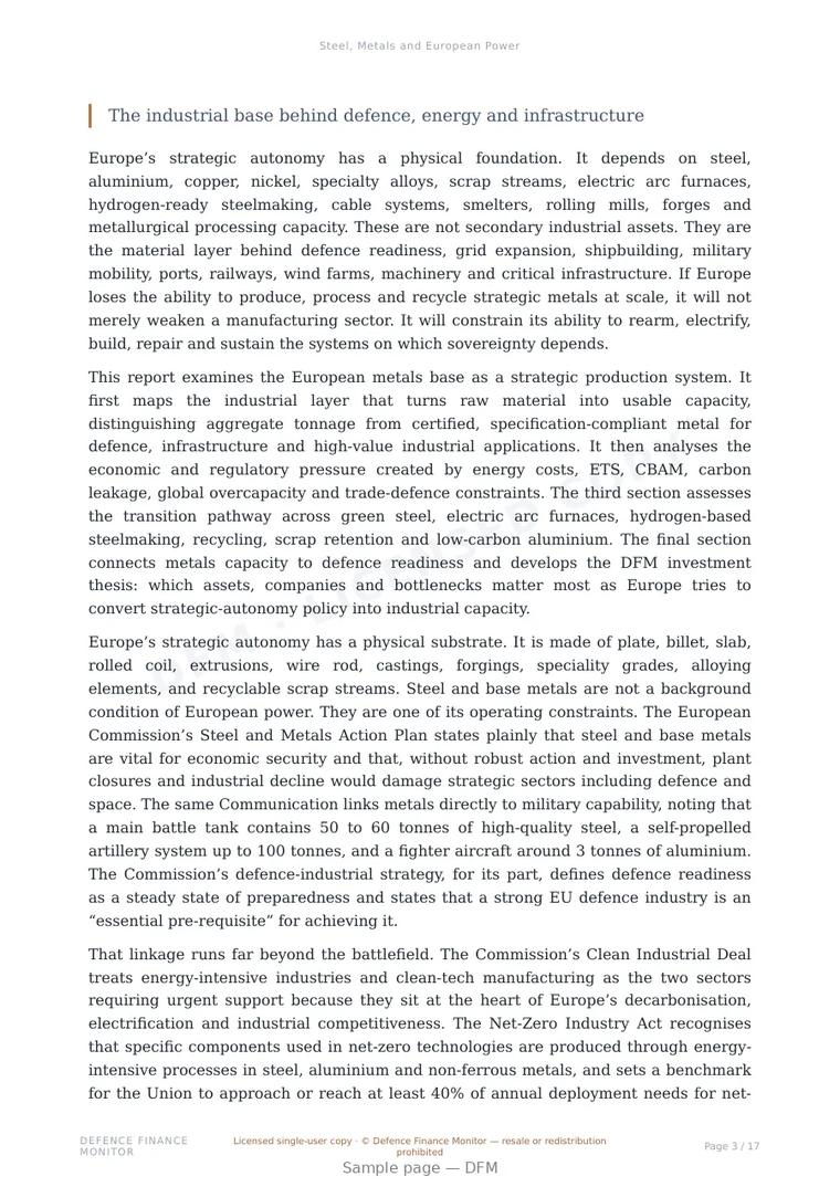 Sample page from “Steel, Metals and European Power” — 18-page report