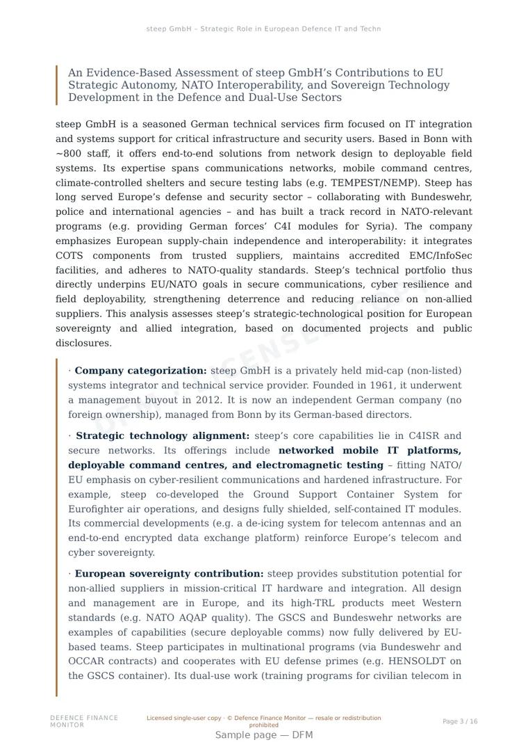 Sample page from “steep GmbH – Strategic Role in European Defence IT and Technical Systems” — 17-page report
