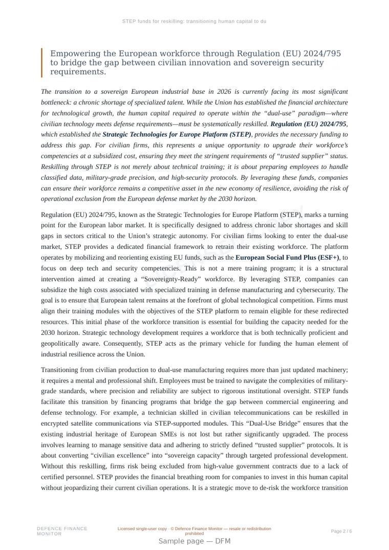 Sample page from “STEP funds for reskilling: transitioning human capital to dual-use excellence” — 7-page report