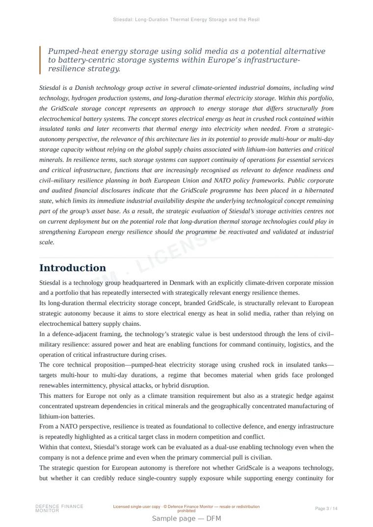 Sample page from “Stiesdal: Long-Duration Thermal Energy Storage and the Resilience Architecture of European Strategic Autonomy” — 15-page report