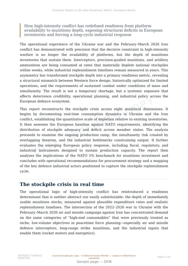 Sample page from “Stockpile Depth as the New Readiness Metric: European Munitions Production, Inventory Deficits, and the Industrial Imperative of Sustained Combat Capability” — 19-page report