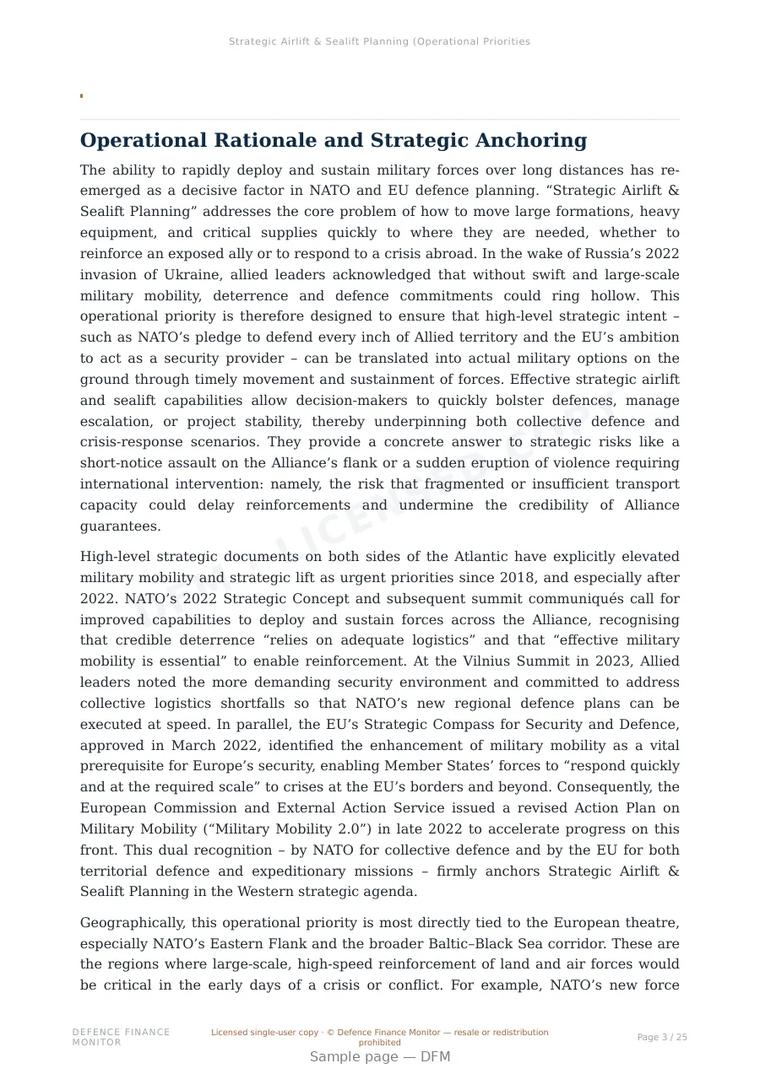 Sample page from “Strategic Airlift & Sealift Planning (Operational Priorities)” — 26-page report