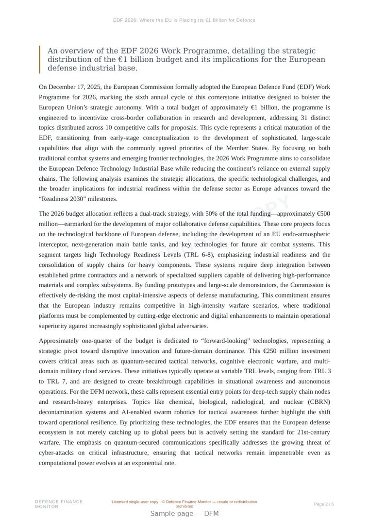 Sample page from “EDF 2026: Where the EU Is Placing Its €1 Billion for Defence Industrial Readiness” — 7-page report
