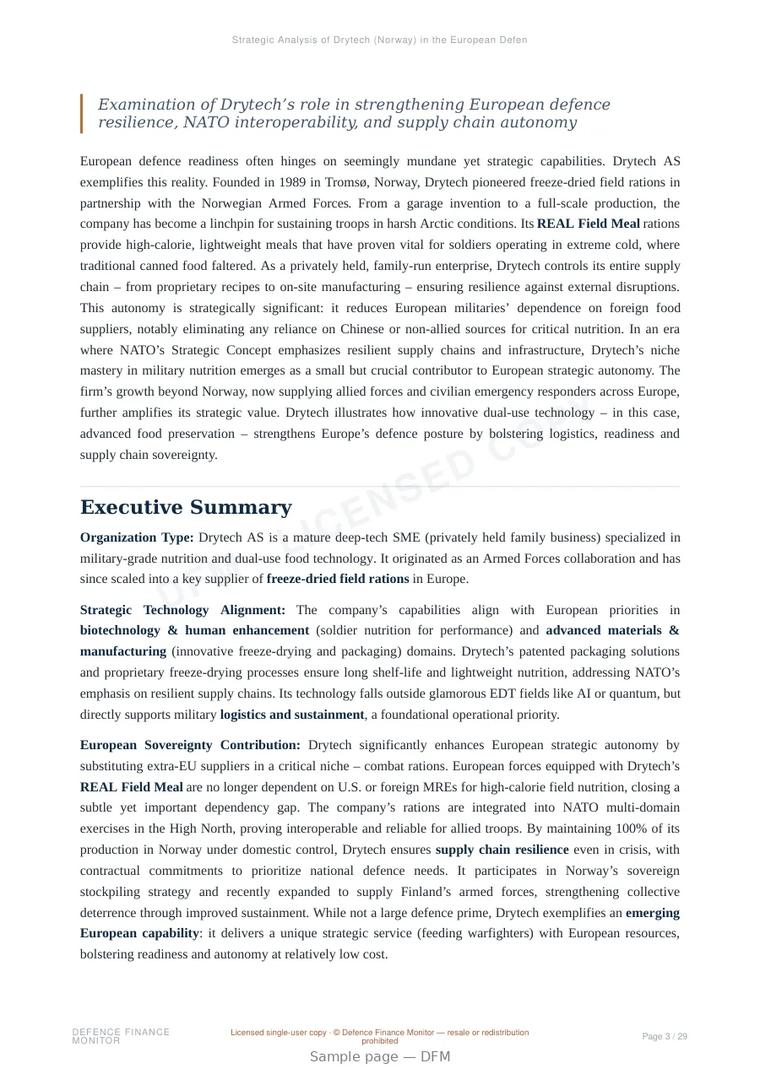 Sample page from “Strategic Analysis of Drytech (Norway) in the European Defence Ecosystem” — 30-page report