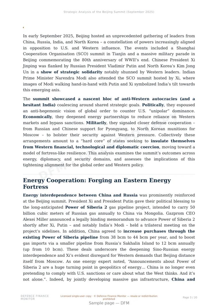 Sample page from “Strategic Analysis of the Beijing Summit (September 2025)” — 21-page report