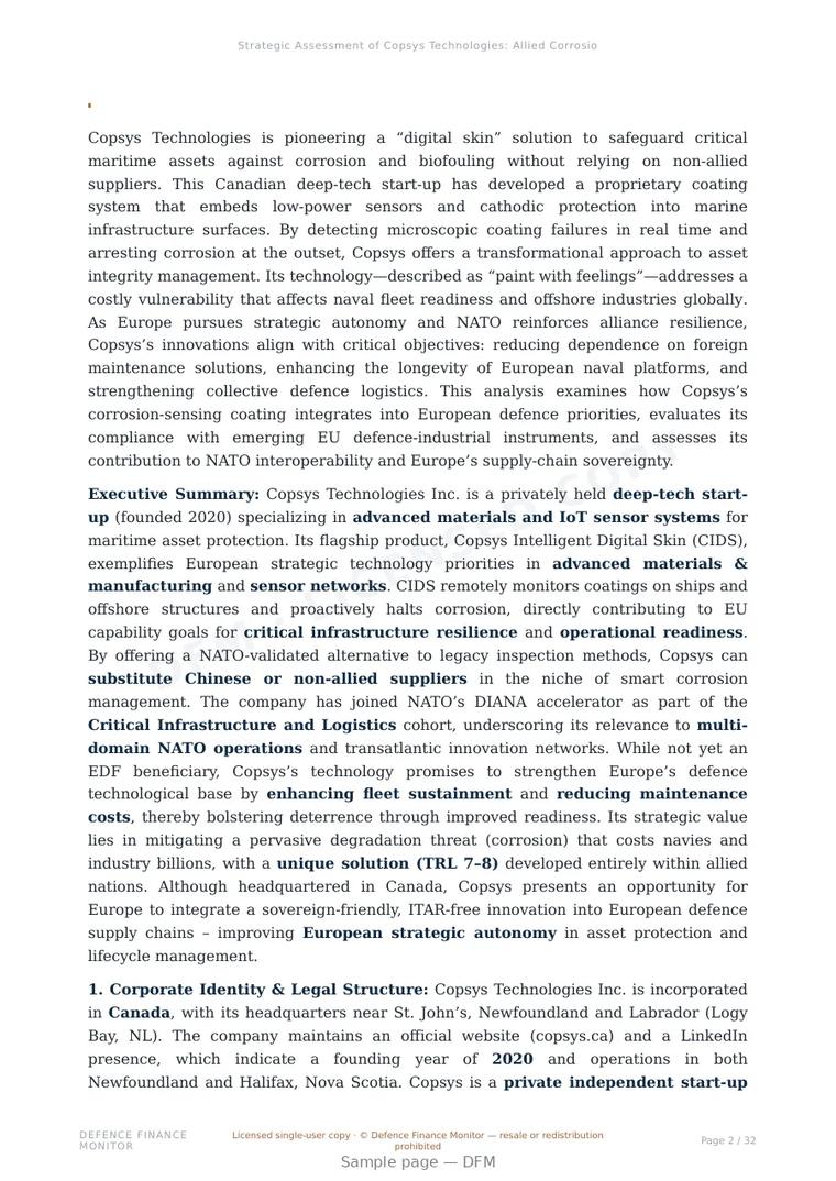 Sample page from “Strategic Assessment of Copsys Technologies: Allied Corrosion Intelligence for Maritime Defence Autonomy” — 33-page report