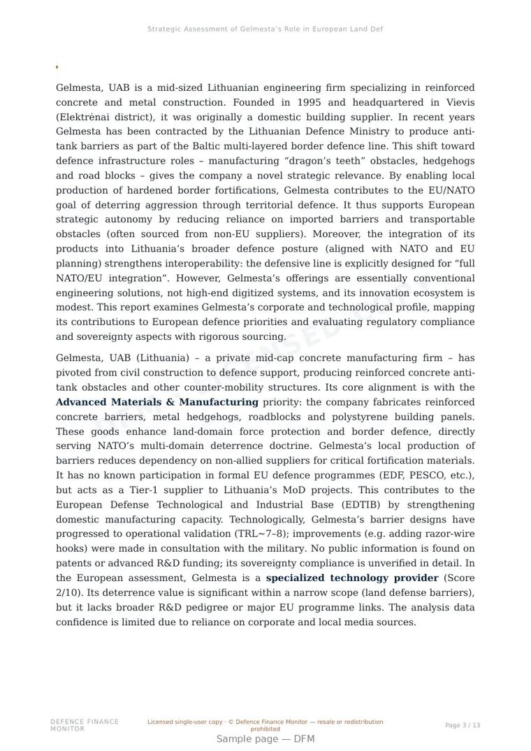 Sample page from “Strategic Assessment of Gelmesta’s Role in European Land Defence Infrastructure” — 14-page report