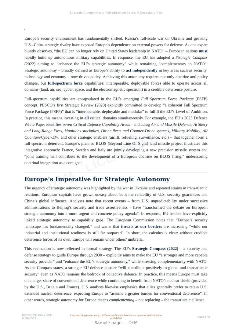 Sample page from “Strategic Autonomy and Full-Spectrum Force: A Necessary Pair for Europe” — 9-page report
