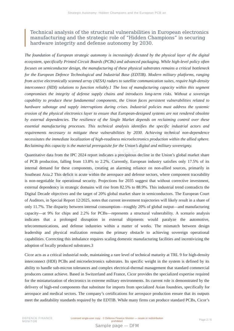 Sample page from “Strategic Autonomy: Hidden Champions and the European PCB and Advanced Packaging Capability Gap” — 7-page report