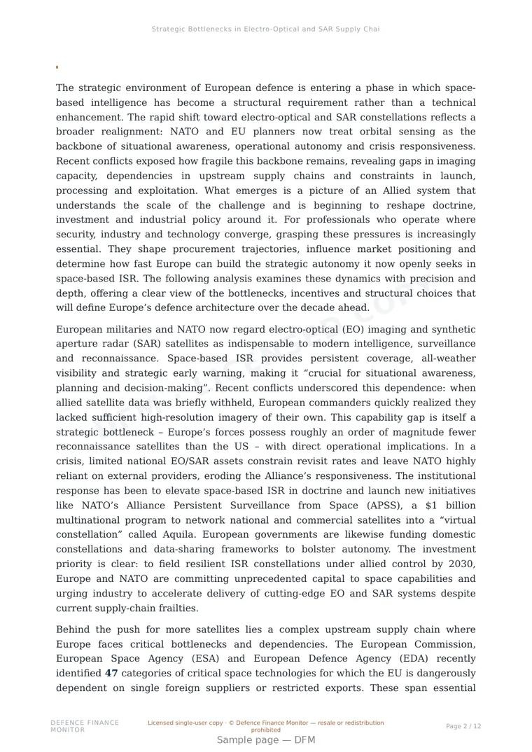 Sample page from “Strategic Bottlenecks in Electro-Optical and SAR Supply Chains” — 13-page report