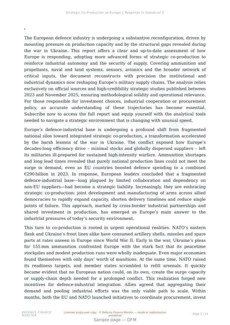 Sample page from “Strategic Co-Production as Europe’s Response to Industrial Capacity Pressure” — 14-page report