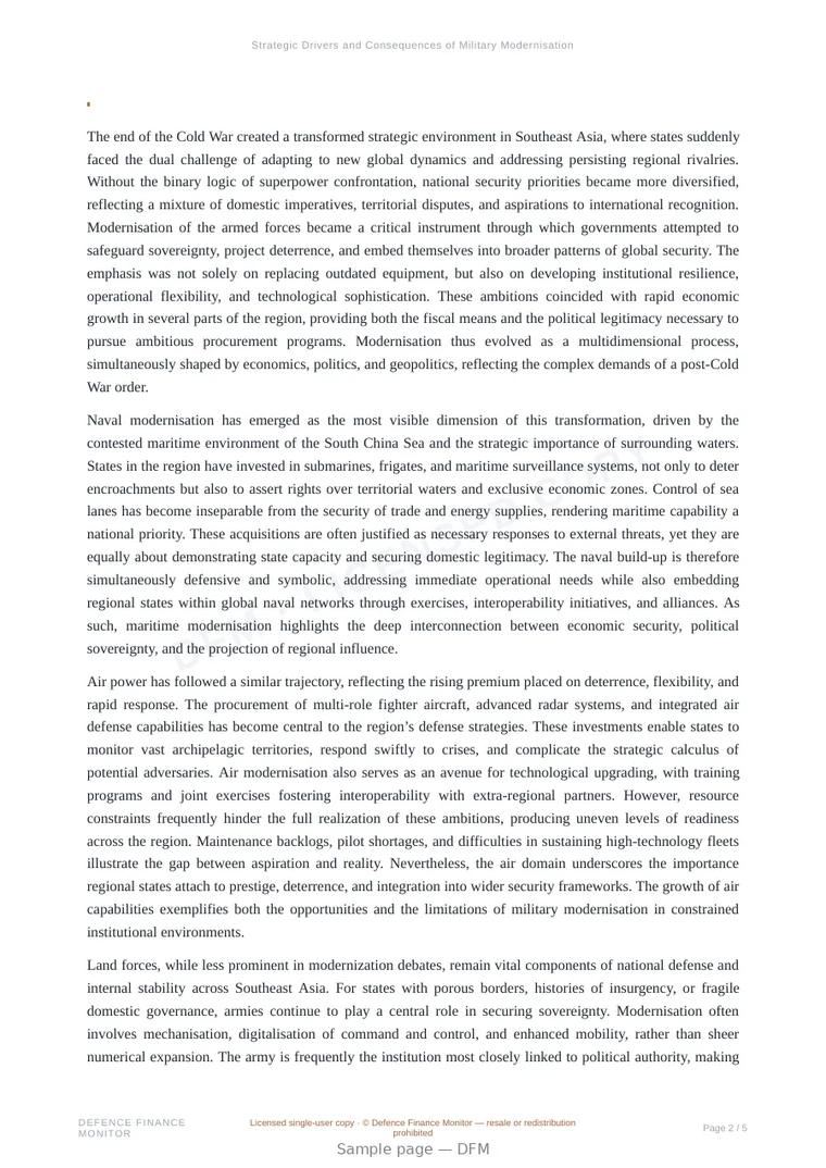 Sample page from “Strategic Drivers and Consequences of Military Modernisation in Southeast Asia after the Cold War” — 6-page report