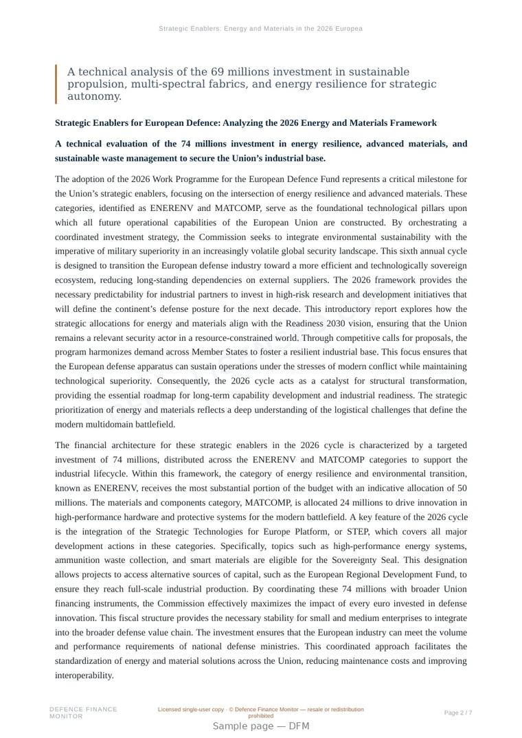 Sample page from “Strategic Enablers: Energy and Materials in the 2026 European Defence Fund” — 8-page report