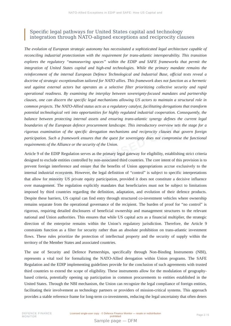 Sample page from “NATO-Allied Exceptions in EDIP and SAFE: How US Capital and Technology Can Enter EU Defence Programmes” — 7-page report