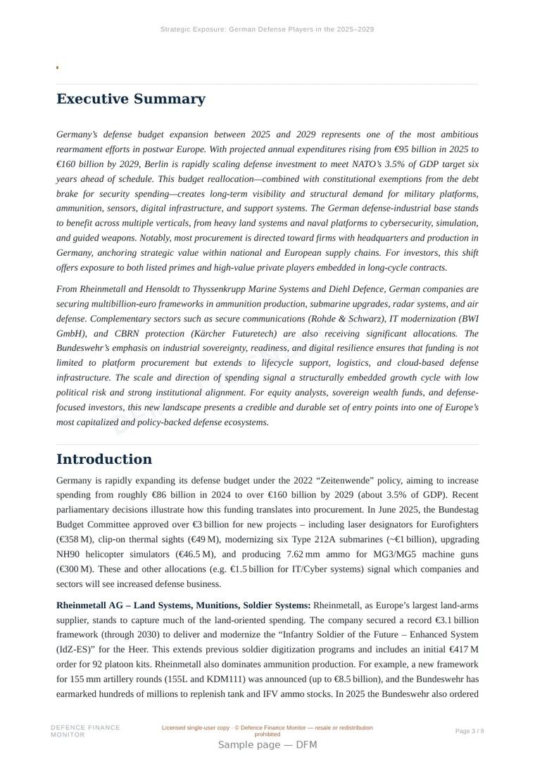 Sample page from “Strategic Exposure: German Defense Players in the 2025–2029 Spending Cycle” — 10-page report