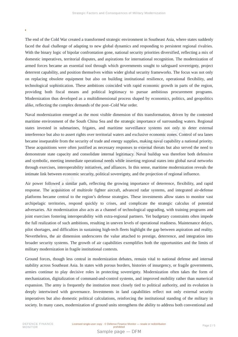 Sample page from “Strategic Factors and Consequences of Military Modernization in Southeast Asia after the Cold War” — 6-page report