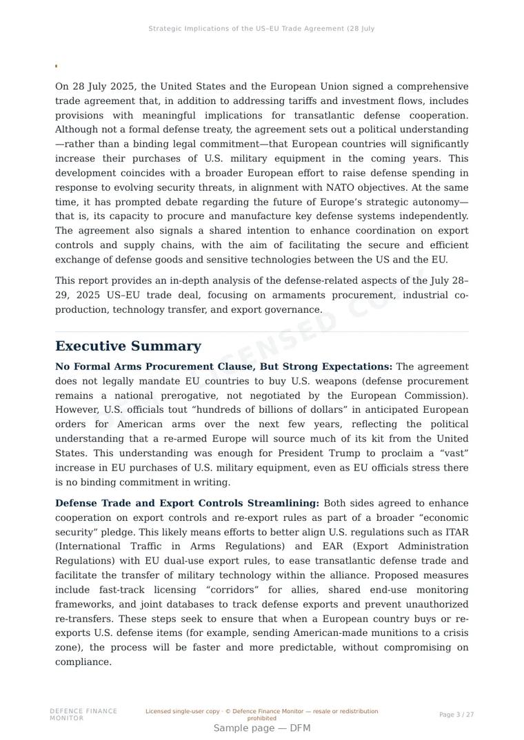 Sample page from “Strategic Implications of the US–EU Trade Agreement (28 July 2025): Defence Procurement, Armament Supply Chains, and Transatlantic Industrial Cooperation” — 28-page report