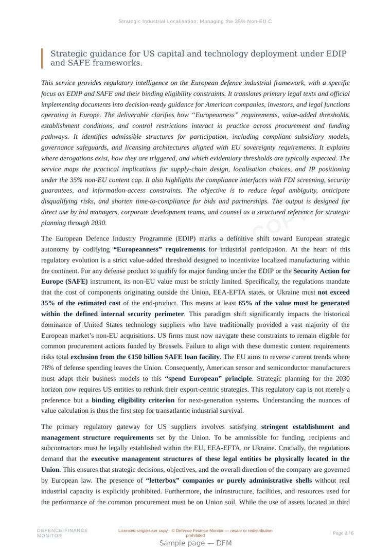 Sample page from “Strategic Industrial Localisation: Managing the 35% Non-EU Component Ceiling under EDIP” — 7-page report