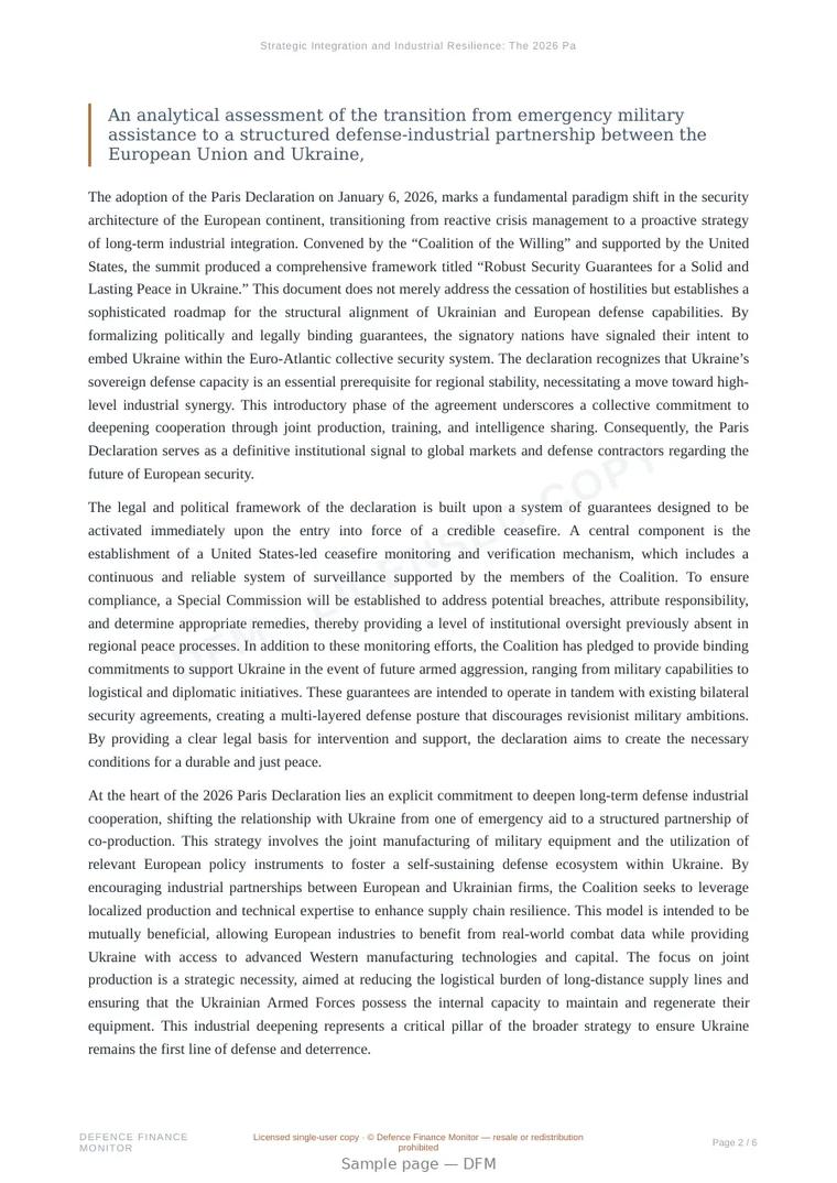 Sample page from “Strategic Integration and Industrial Resilience: The 2026 Paris Declaration and the Future of EU-Ukraine Defense Cooperation” — 7-page report