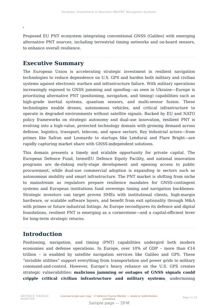 Sample page from “Strategic Investment in Resilient INS/PNT Navigation Systems in the EU” — 25-page report