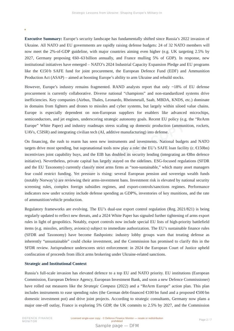 Sample page from “Strategic Lessons from Ukraine: Shaping Europe’s Military-Industrial Priorities” — 8-page report