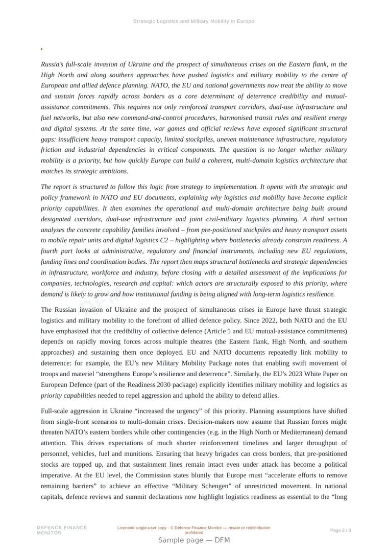 Sample page from “Strategic Logistics and Military Mobility in Europe” — 9-page report