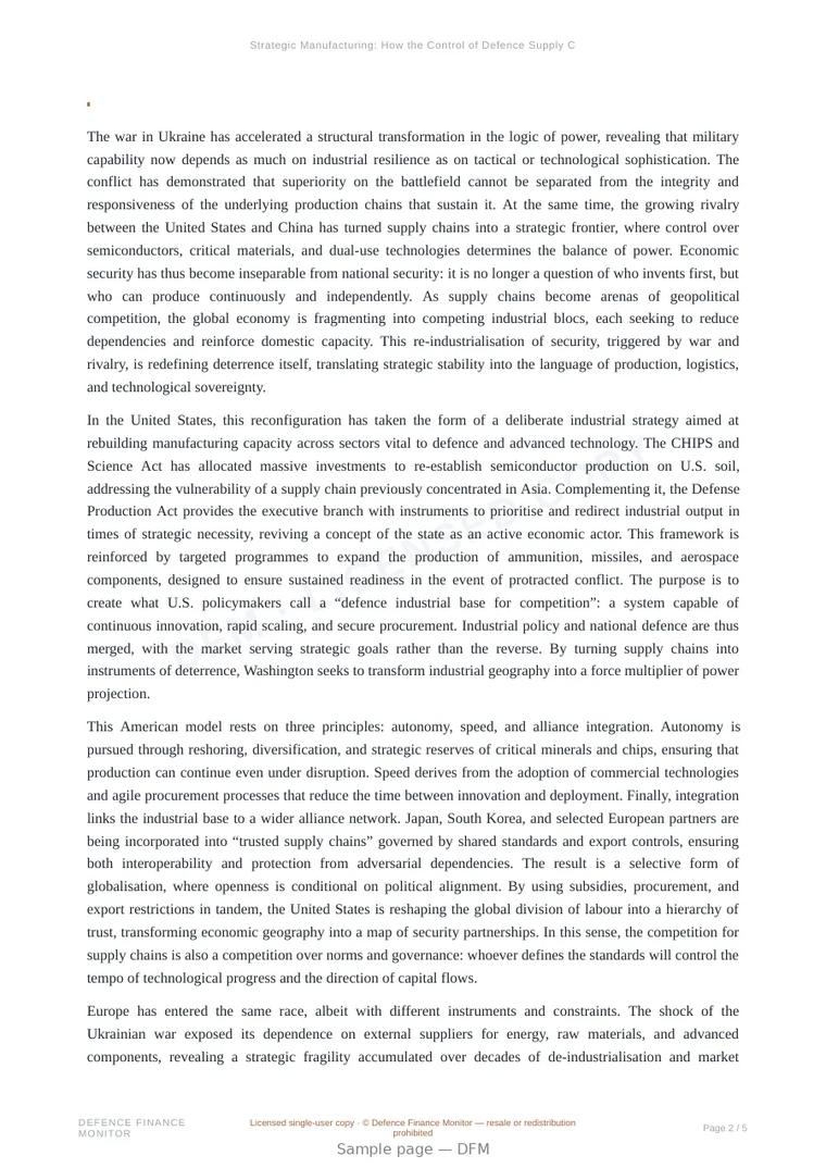 Sample page from “Strategic Manufacturing: How the Control of Defence Supply Chains Redefines Power in the Twenty-First Century” — 6-page report