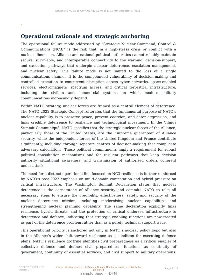 Sample page from “Strategic Nuclear Command, Control & Communications (NC3)” — 20-page report