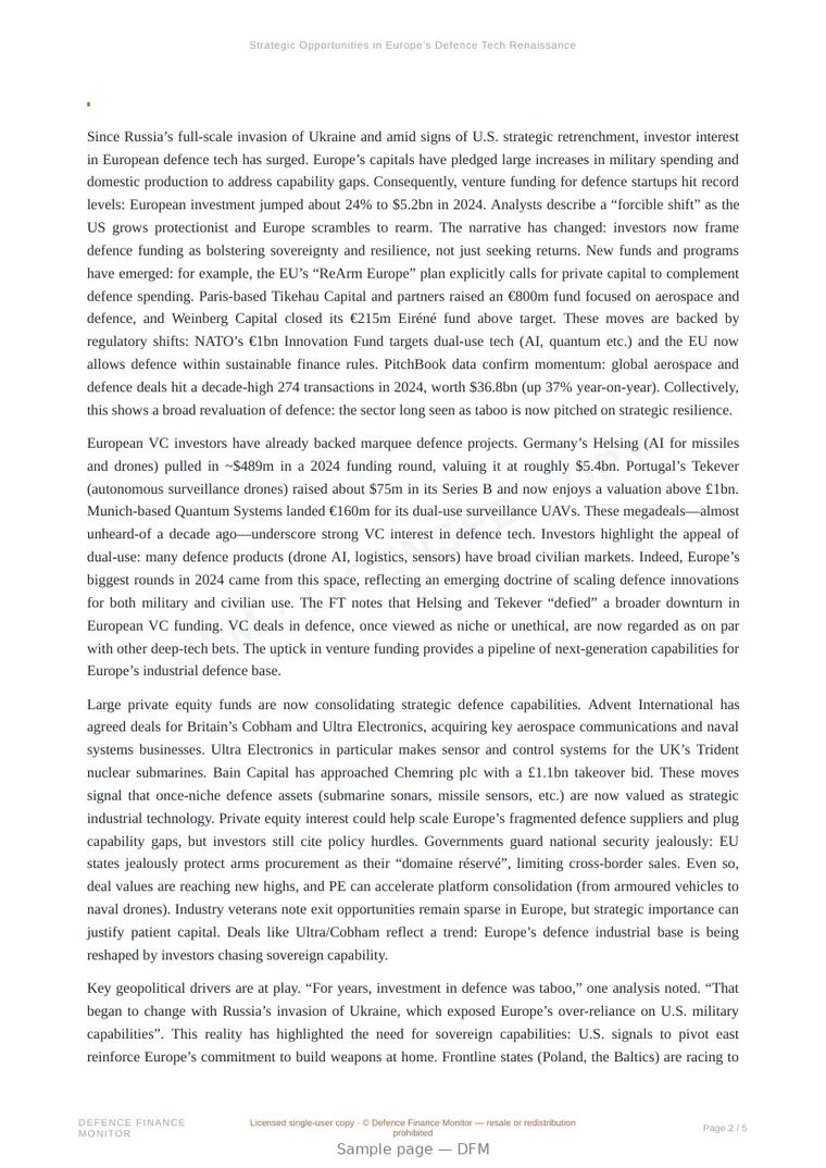 Sample page from “Strategic Opportunities in Europe’s Defence Tech Renaissance” — 6-page report