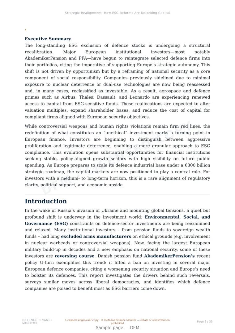Sample page from “Strategic Realignment: How ESG Reforms Are Unlocking Capital for Europe’s Defence Industry” — 34-page report