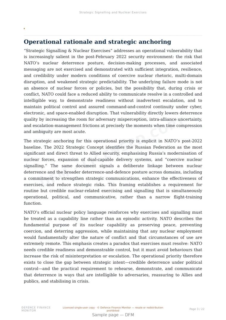 Sample page from “Strategic Signalling and Nuclear Exercises” — 23-page report