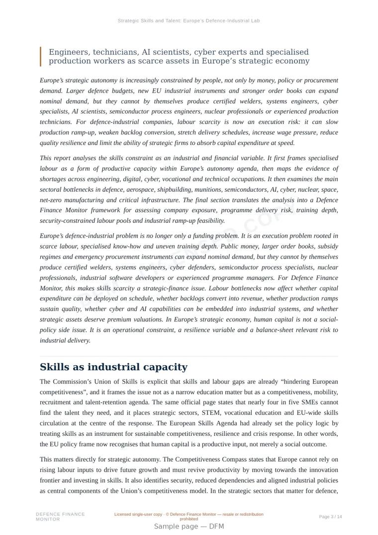 Sample page from “Strategic Skills and Talent: Europe’s Defence-Industrial Labour Constraint” — 15-page report