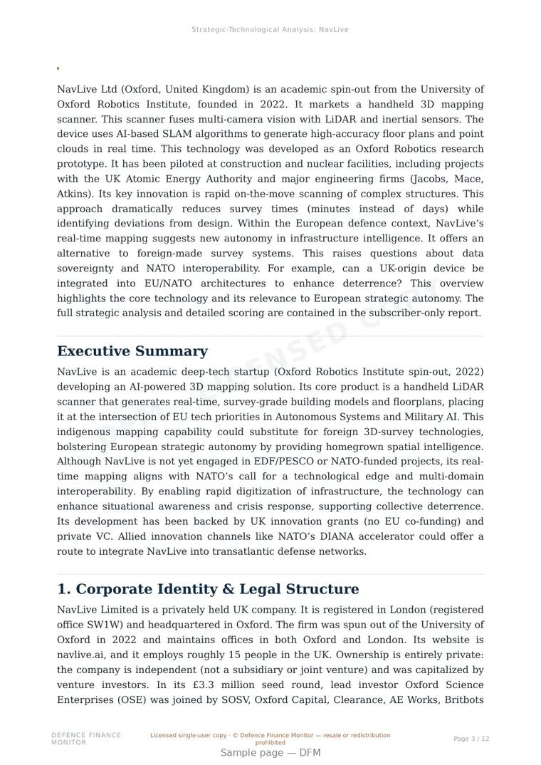 Sample page from “NavLive Ltd — United Kingdom lidar systems company” — 13-page report