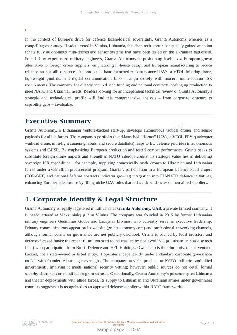 Sample page from “Granta Autonomy — Lithuania unmanned aerial systems company” — 13-page report