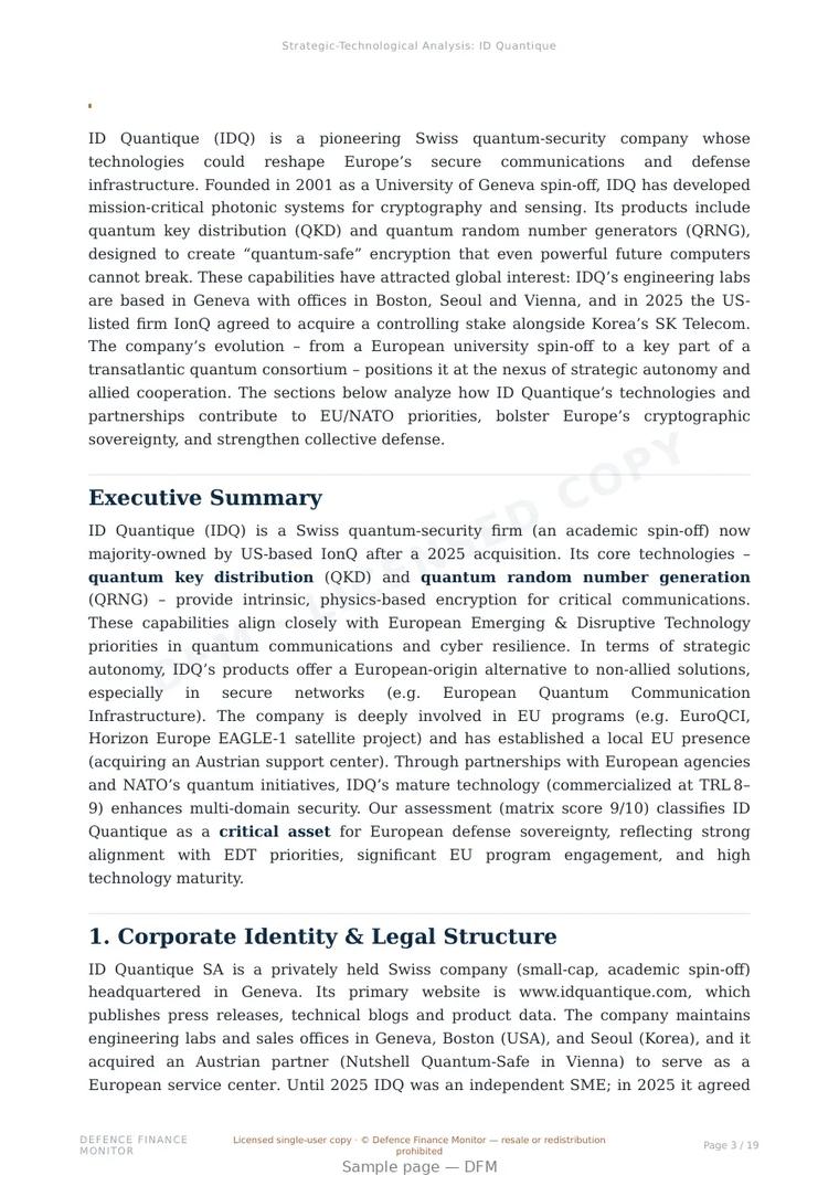 Sample page from “ID Quantique (IDQ) — Switzerland quantum communications company” — 20-page report