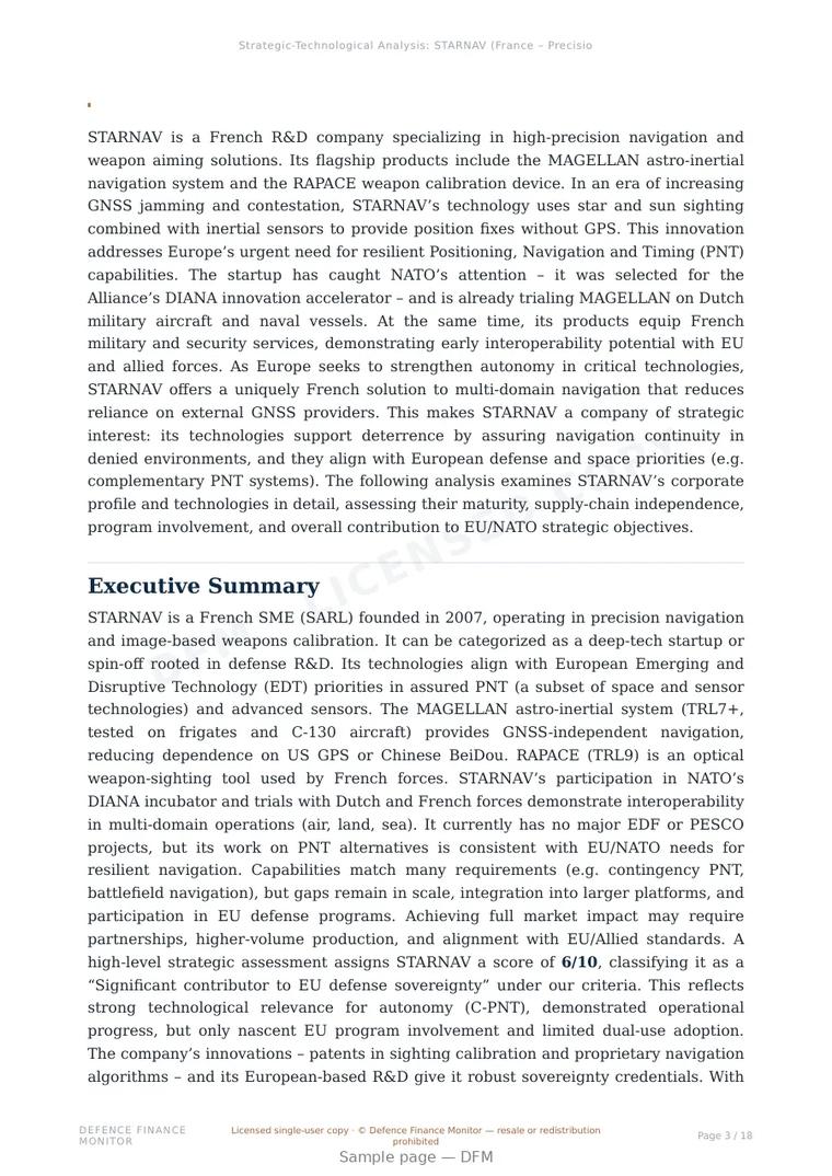Sample page from “STARNAV — France positioning company” — 19-page report