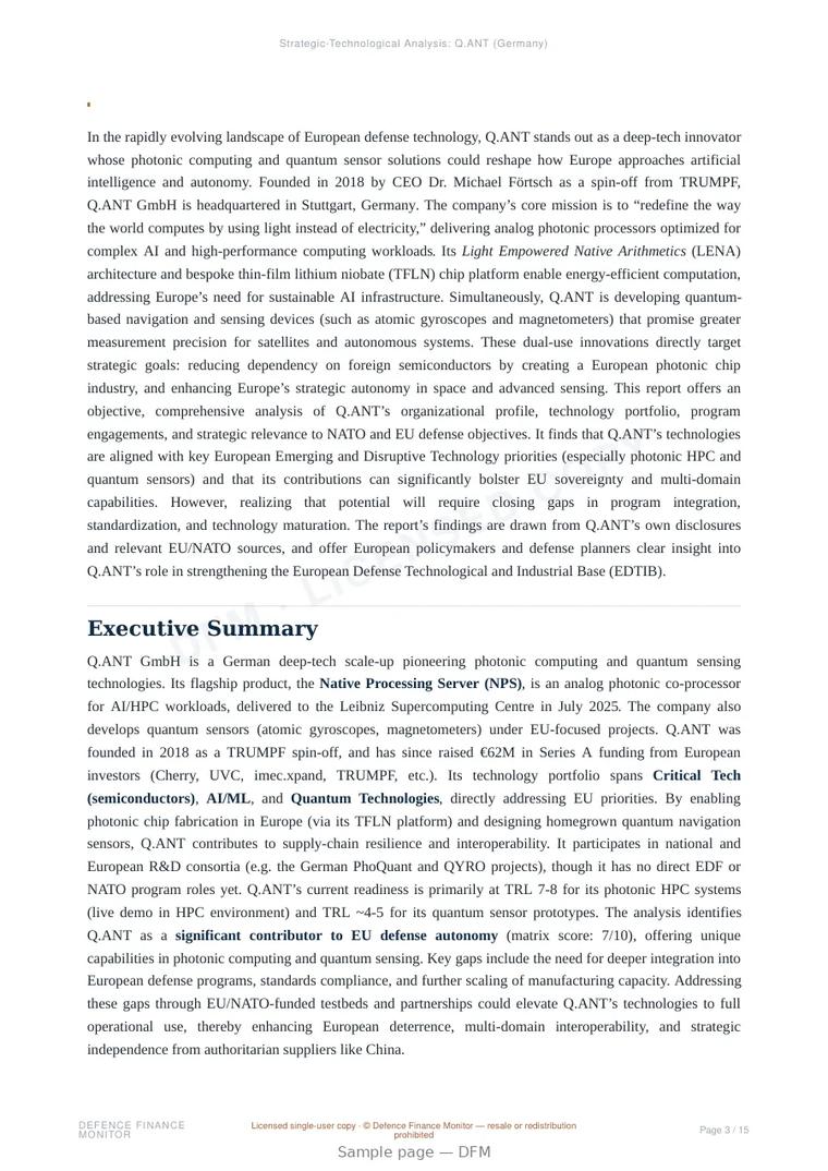 Sample page from “Q.ANT GmbH — Germany quantum sensors company” — 16-page report