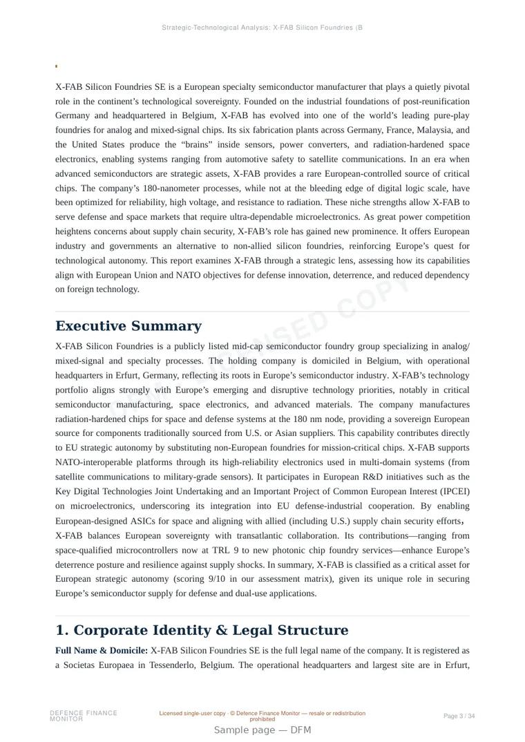 Sample page from “X-FAB Silicon Foundries SE — Belgium semiconductors company” — 35-page report