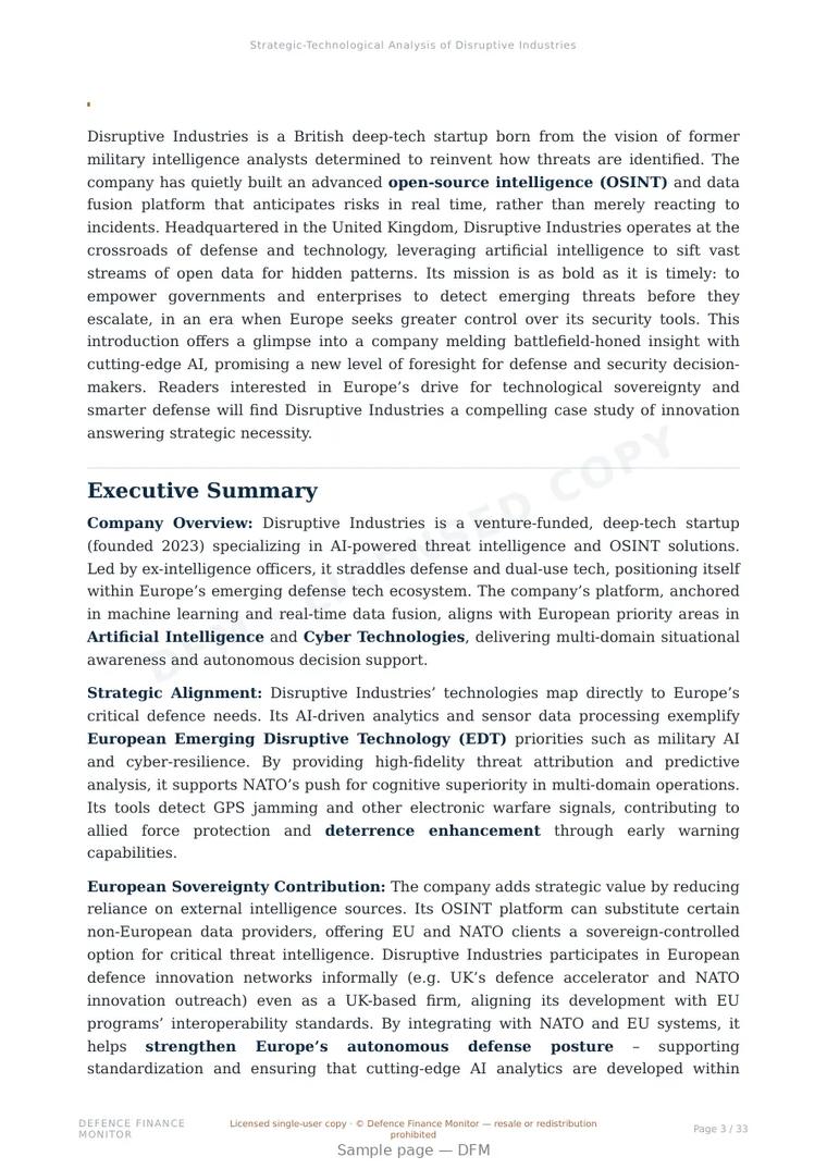 Sample page from “Disruptive Industries — United Kingdom multi-source data fusion company” — 34-page report
