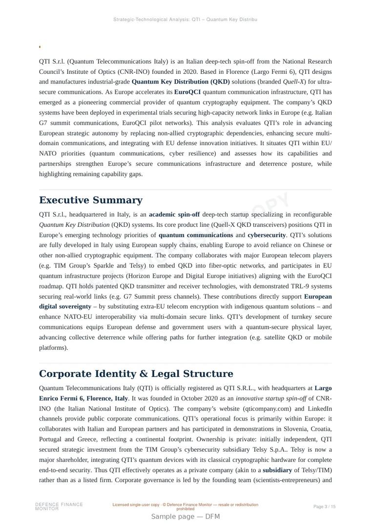 Sample page from “QTI – Quantum Key Distribution Systems: Company & Technology Profile” — 16-page report