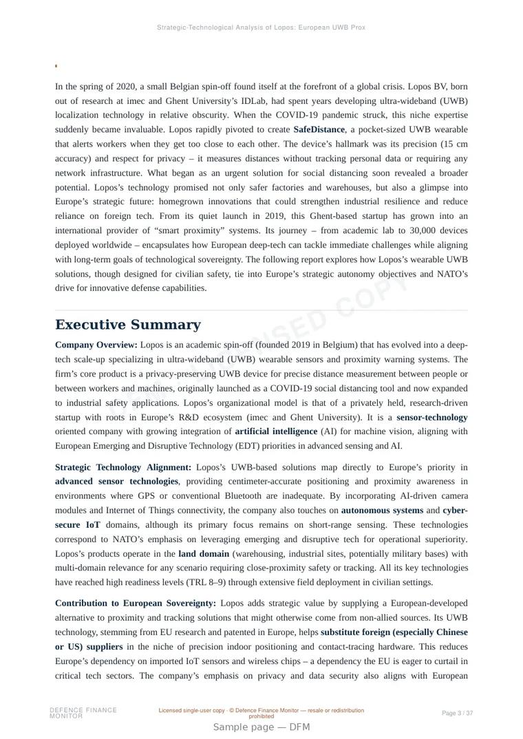 Sample page from “Lopos BV — Belgium secure communications company” — 38-page report