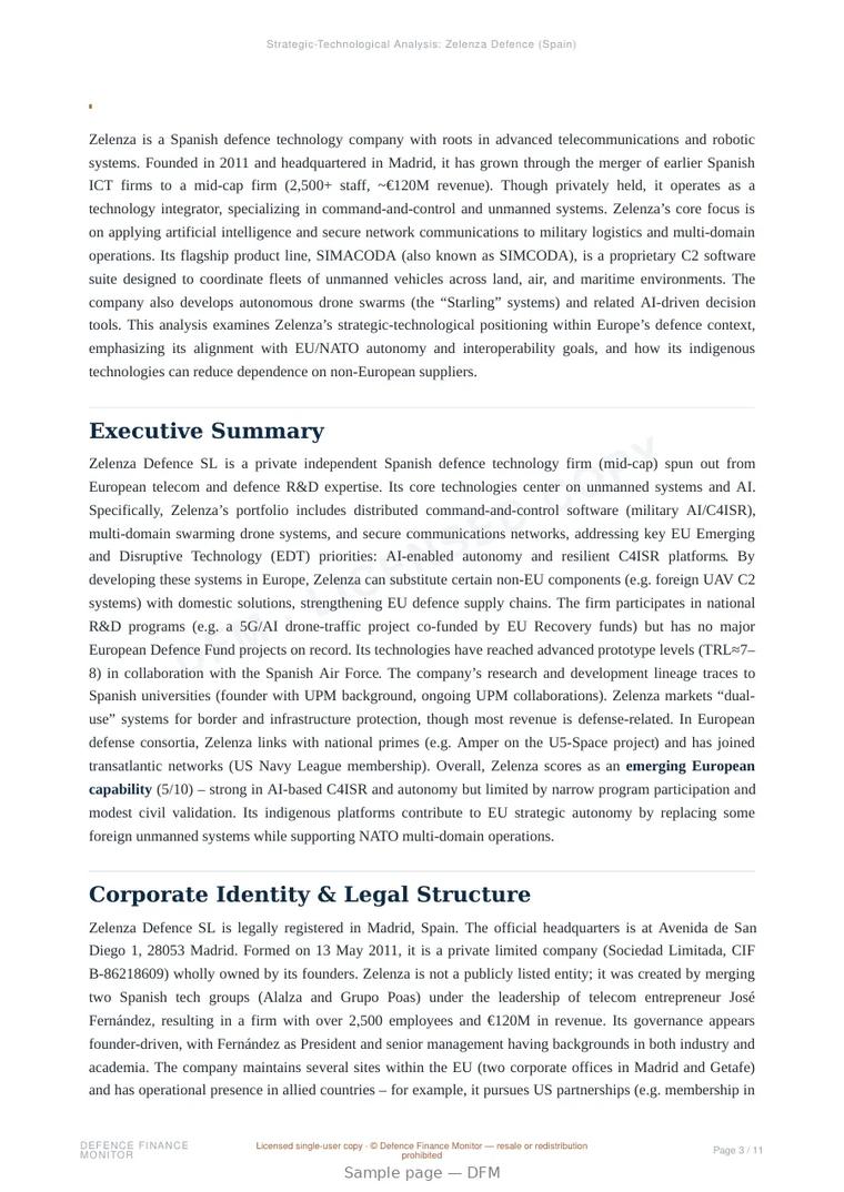 Sample page from “Zelenza — Spain command company” — 12-page report